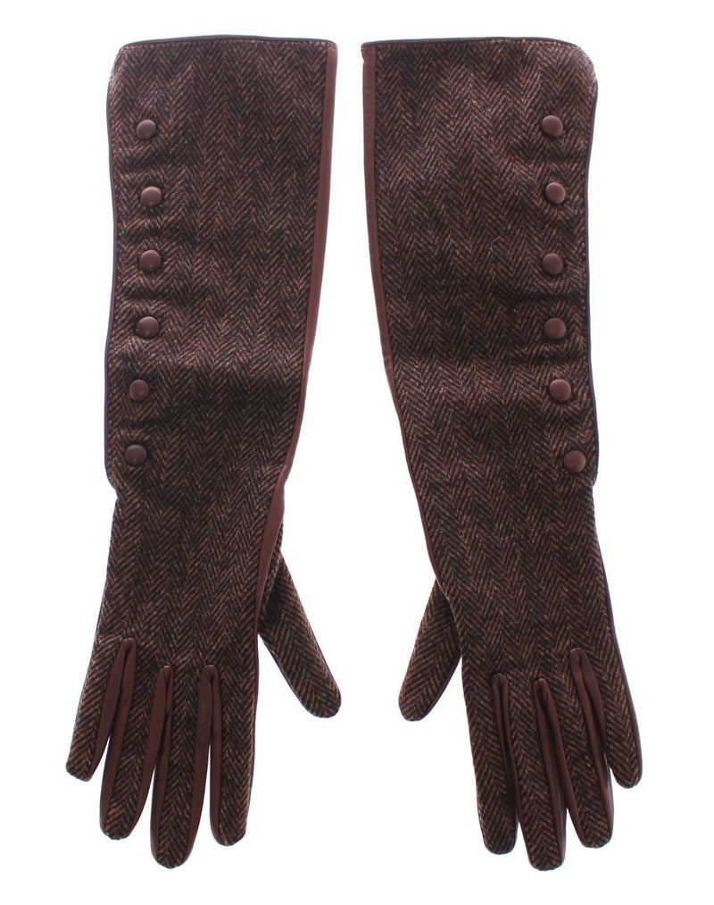 Brown Wool Lambskin Leather Elbow Gloves
