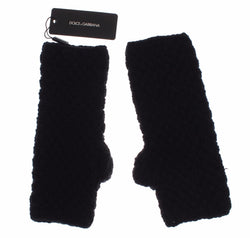 Black Knitted Wool Leather Fingerless Mens Gloves