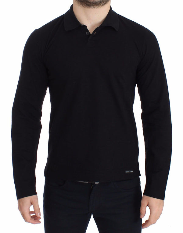 Black Cotton Polo Sweater Pullover Top