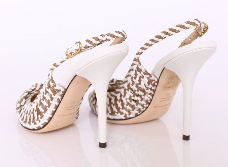 Beige White Leather Slingbacks Pumps Shoes