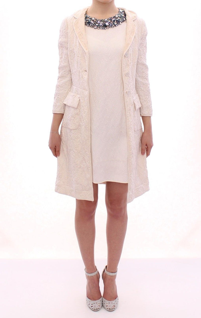 White Brocade Jaquard Long Jacket Coat Blazer