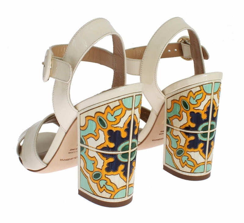 White Leather Majolica Print Sandals Shoes