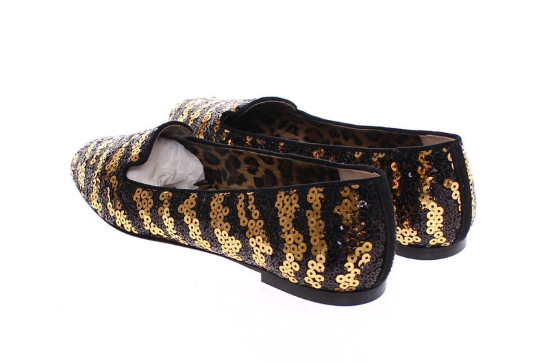 Black Gold Sequined Ballerina Flat Shoes