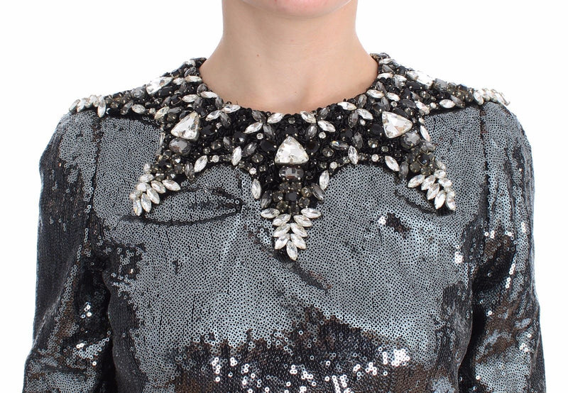 Gray Silver Crystal Sequined Blouse
