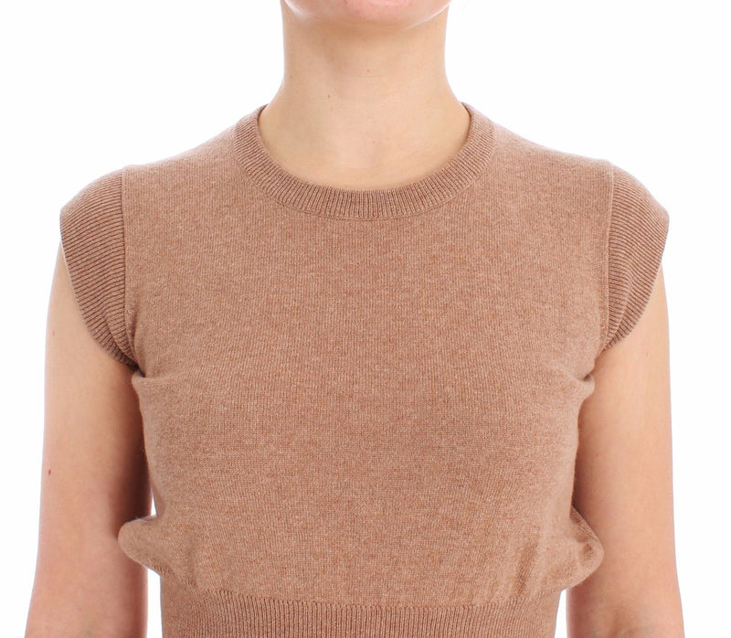 Beige Cashmere Knit Top Crewneck Sweater Vest