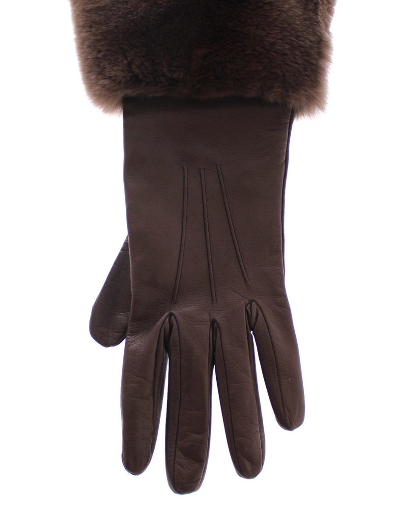 Brown Rabbit Fur Lambskin Leather Gloves Silk