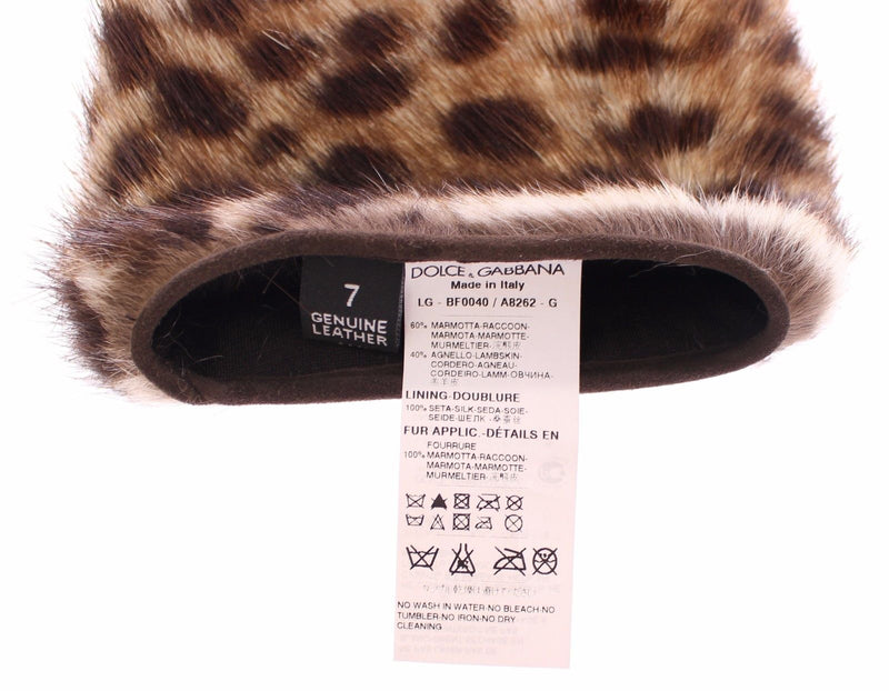 Brown Leather Leopard Raccoon Fur Elbow Gloves
