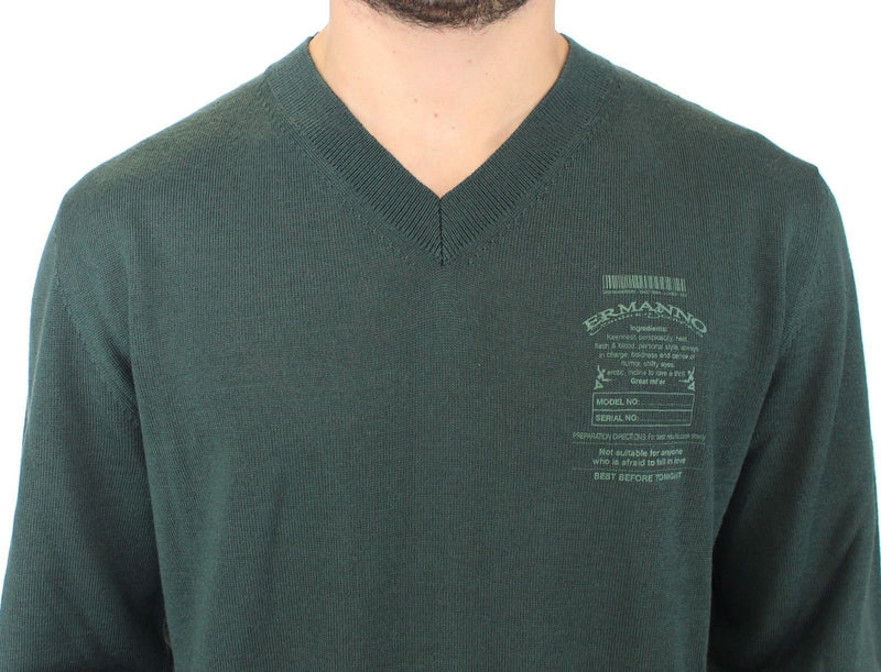 Green Wool Blend V-neck Pullover Sweater