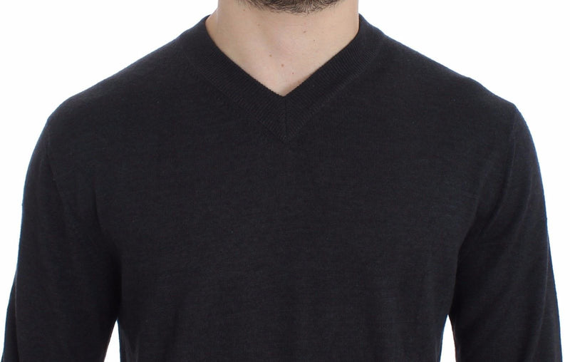 Gray Silk Cashmere V-neck Sweater Pullover