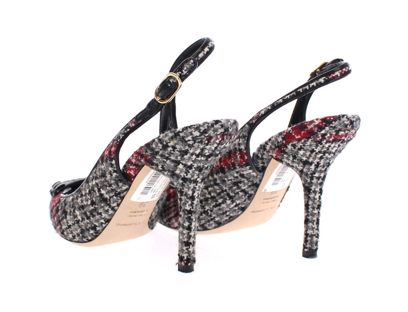 Gray Checkered Wool Leather Slingbacks Shoes