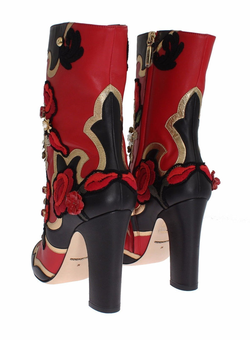 Roses Crystal Gold Heart Red Gold Black Leather Boots Shoes for Women