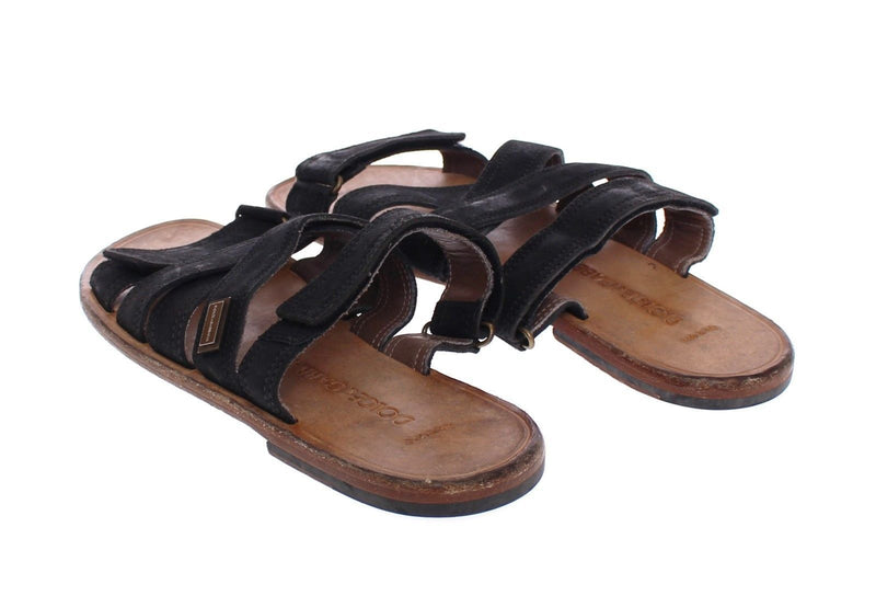 Black Leather Strap Slides Sandals Shoes