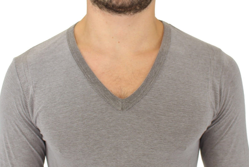 Gray Cotton Stretch V-neck Pullover Sweater