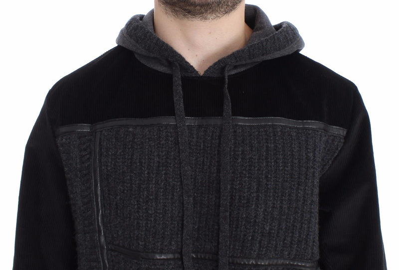 Black Gray Knitted Hooded Sweater Pullover