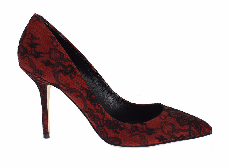 Red Suede Black Lace Pointy Pumps Shoes