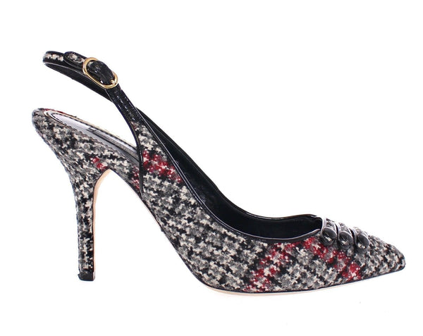 Gray Checkered Wool Leather Slingbacks Shoes