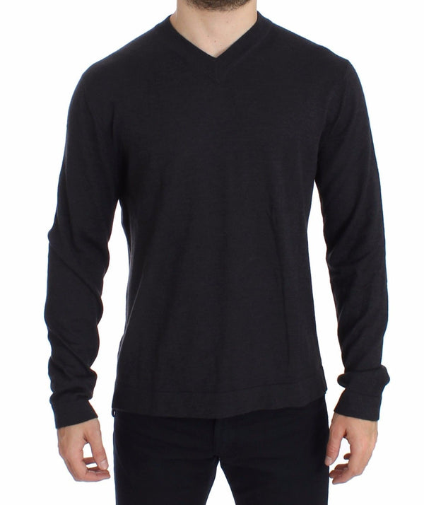 Gray Silk Cashmere V-neck Sweater Pullover
