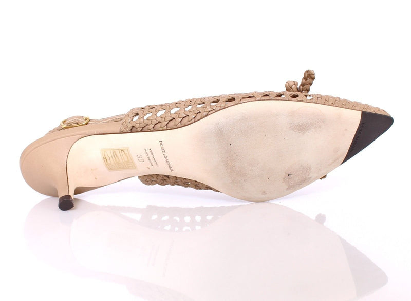 Beige Woven Leather Slingbacks Kitten Heels Low Midheel Designer Pumps