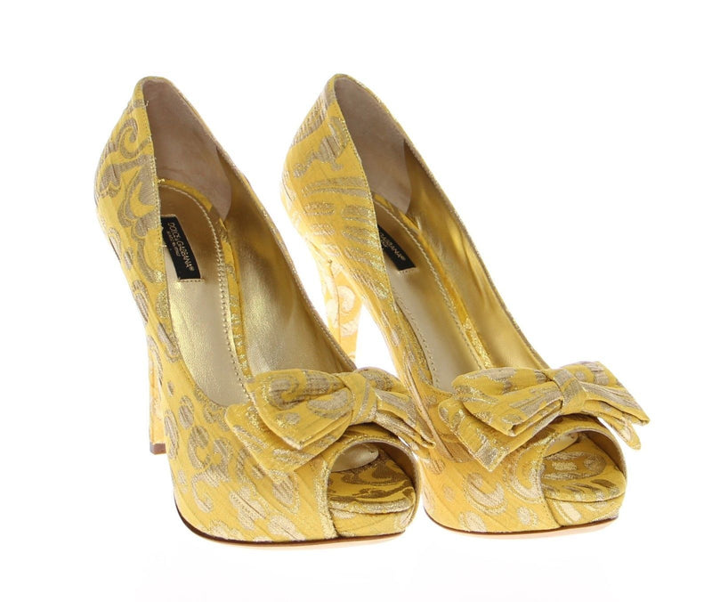 Yellow Silk Brocade Bow Platform Pumps Shoes