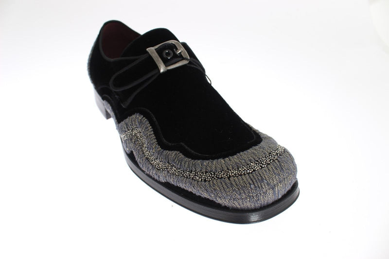 Black Velvet Gray Sequined Baroque Shoes