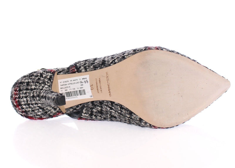 Gray Checkered Wool Leather Slingbacks Shoes