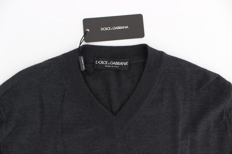 Gray Silk Cashmere V-neck Sweater Pullover