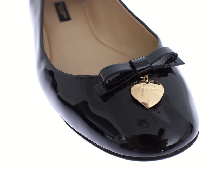 Black Patent Leather Heart Ballerina Flat Shoes