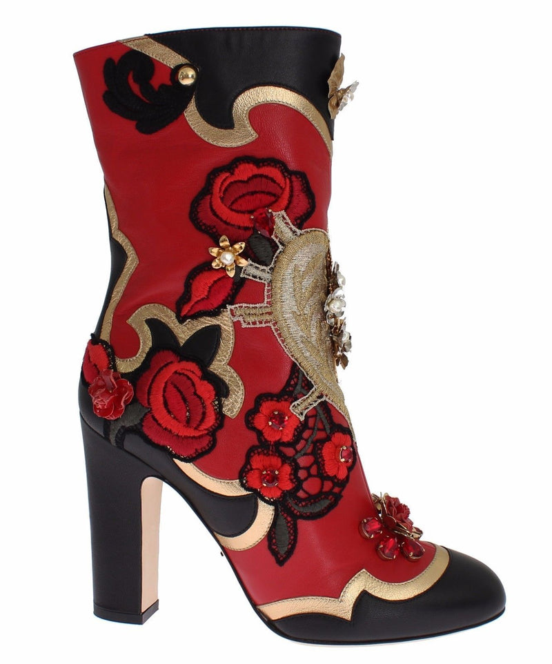 Roses Crystal Gold Heart Red Gold Black Leather Boots Shoes for Women