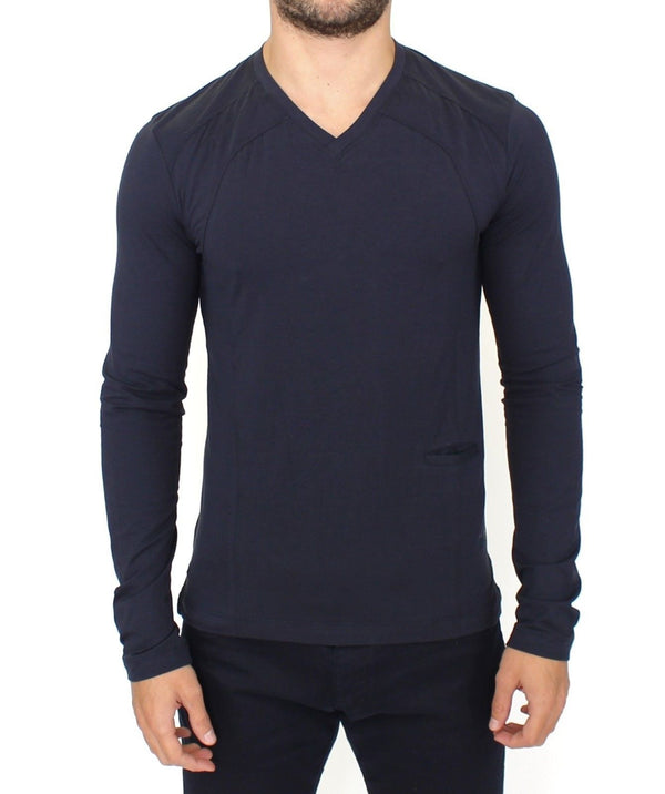 Blue Cotton Stretch V-neck Pullover Sweater