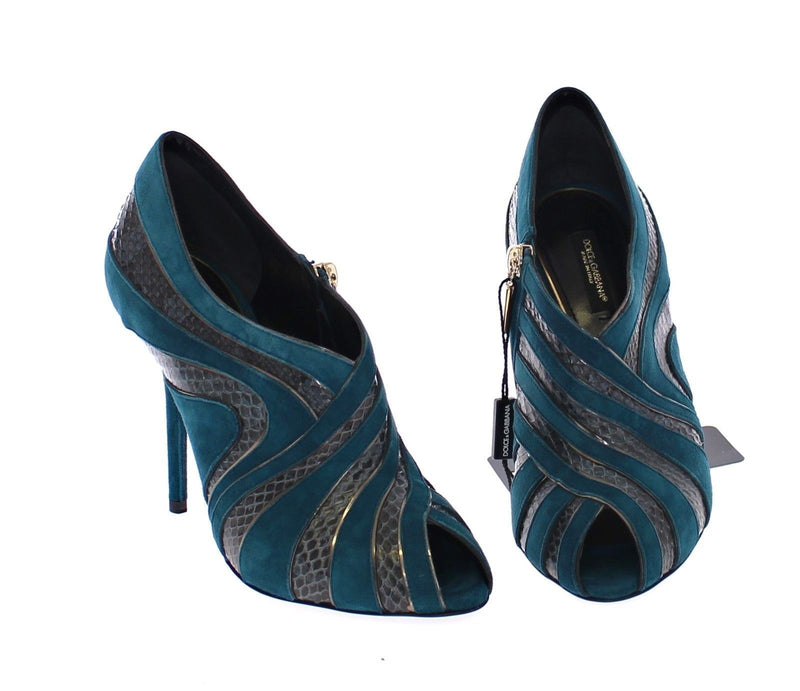 Blue Suede Snakeskin Open Toe Pumps Shoes