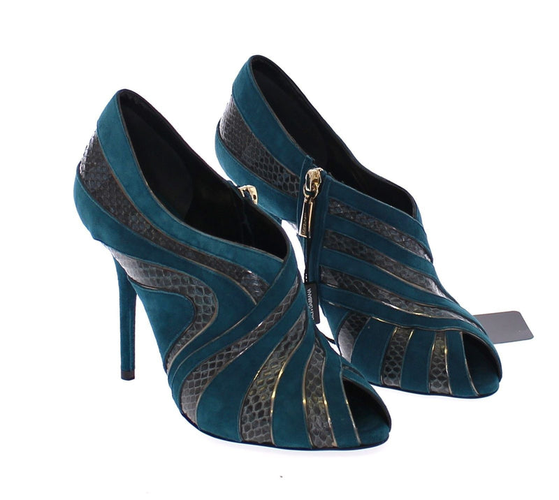 Blue Suede Snakeskin Open Toe Pumps Shoes