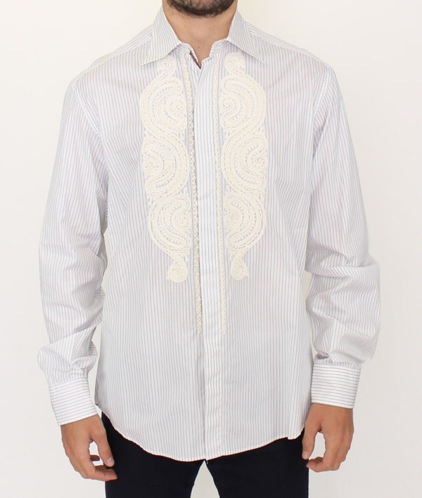 White Striped Embroidered Casual Shirt