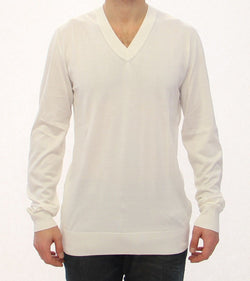 White Silk Logo V-neck Longarm Sweater Top