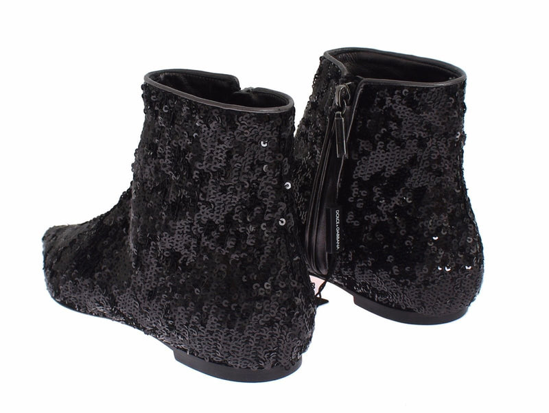 Black Sequined Pointy Flat Ankle Boots Shoes